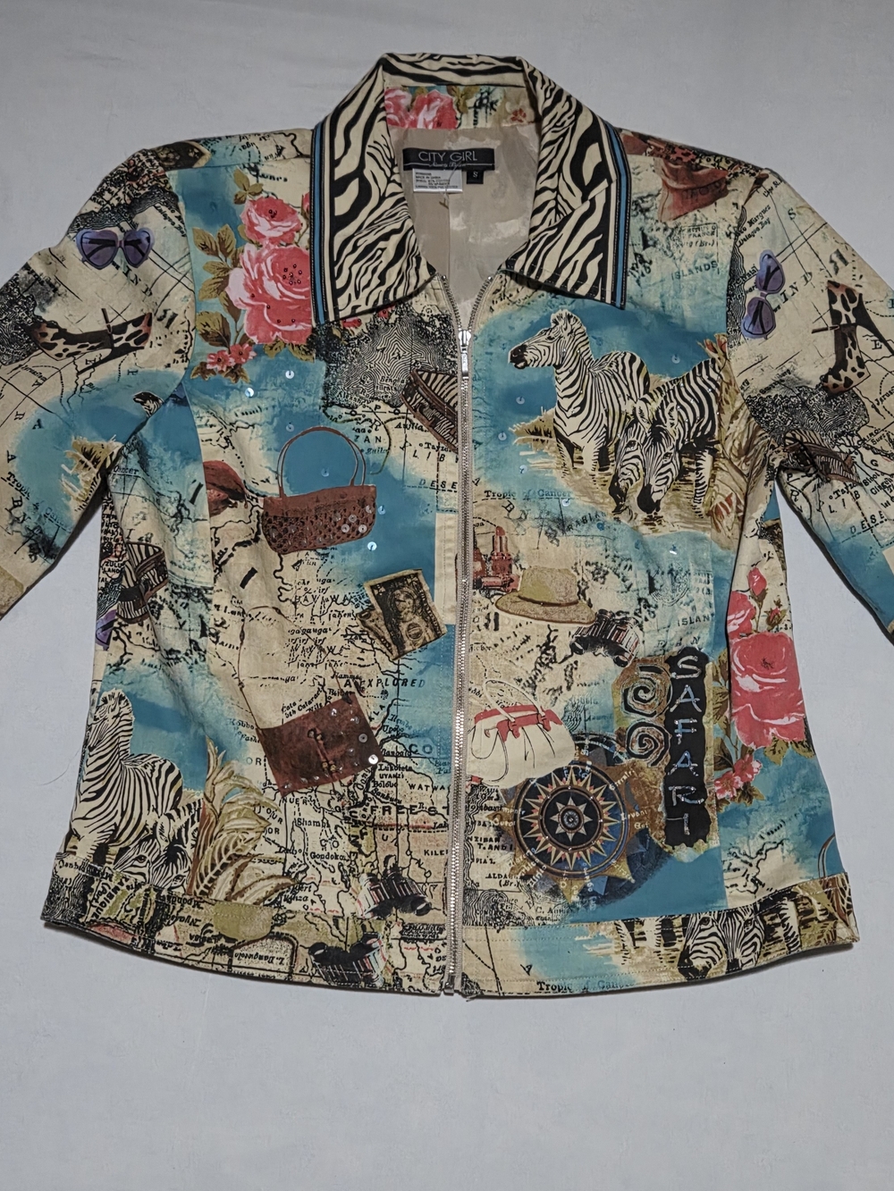 City-Girl Women's Safari Print Zip-Front Jacket in Teal Multi
